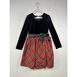 Holiday Plaid The Childrens Place Kids 7/8 Black Red Velvet Tartan Bow Dress